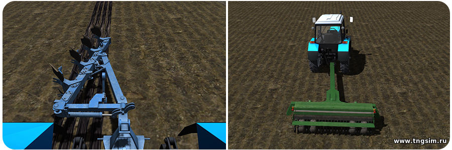 Трактор пашет и засевает поле в учебном симуляторе трактора